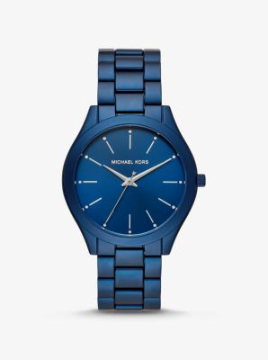 mk gold watch with blue face