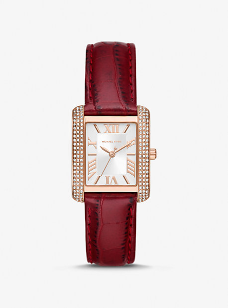 마이클 코어스 Michael Kors Mini Emery Pave Rose Gold-Tone and Crocodile Embossed Leather Watch,RED
