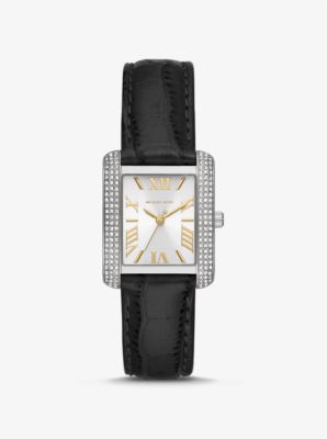 Mini Emery Pavé Silver-Tone and Crocodile Embossed Leather Watch 