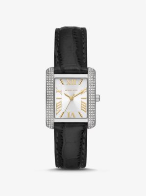 마이클 코어스 Michael Kors Mini Emery Pave Silver-Tone and Crocodile Embossed Leather Watch,BLACK