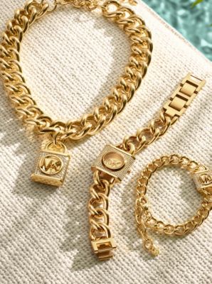 Mini-montre dorée à chaîne, cadenas et pierres pavées image number 4