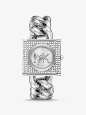 Mini-montre argentée à chaîne, cadenas et pierres pavées image number 0