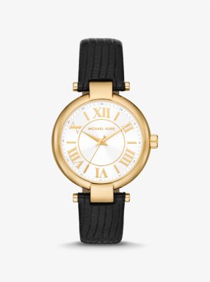Shop Michael Kors Laney Gold-tone And Lizard Embossed Leather Watch