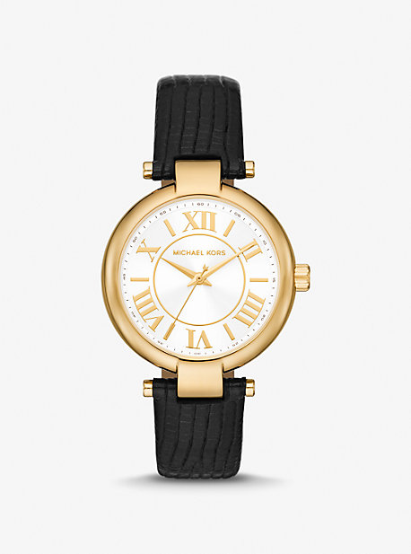 Shop Michael Kors Laney Gold-tone And Lizard Embossed Leather Watch