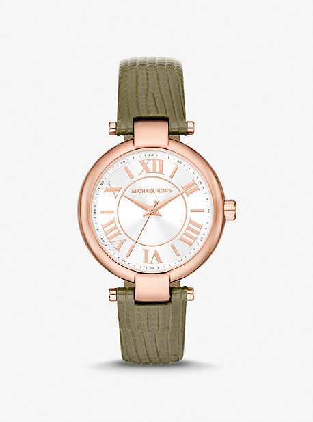 Shop Michael Kors Laney Rose Gold-tone And Lizard Embossed Leather Watch