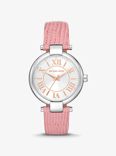 Shop Michael Kors Laney Silver-tone And Lizard Embossed Leather Watch