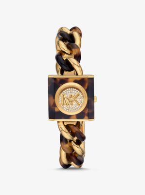 Shop Michael Kors Petite Lock Pavé Gold-tone And Tortoiseshell Acetate Chain Watch In Brown