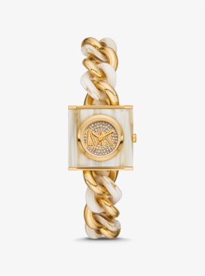Shop Michael Kors Petite Lock Pavé Gold-tone And Acetate Chain Watch In Natural
