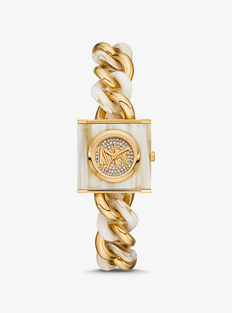 Petite Lock Pavé Gold-Tone and Acetate Chain Watch