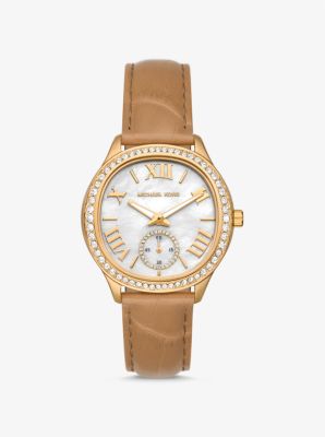 Shop Michael Kors Sage Pavé Gold-tone And Crocodile Embossed Leather Watch In Brown