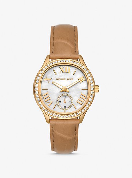Shop Michael Kors Sage Pavé Gold-tone And Crocodile Embossed Leather Watch In Brown