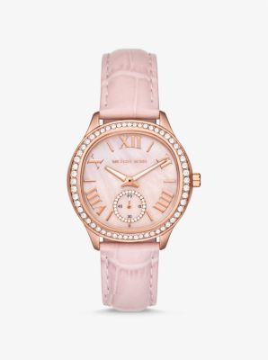 Shop Michael Kors Sage Pavé Rose Gold-tone And Crocodile Embossed Leather Watch In Pink