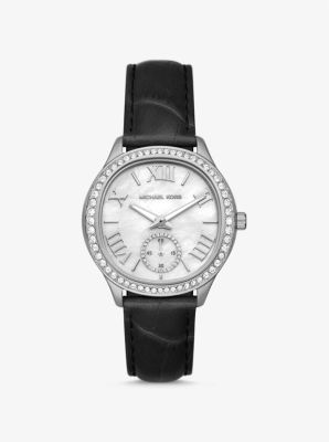 Sage Pavé Silver-Tone and Crocodile Embossed Leather Watch 