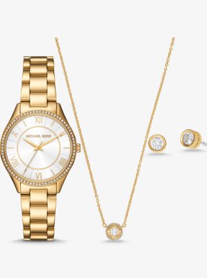 Shop Michael Kors Mini Lauryn Gold-tone Watch And Jewelry Gift Set