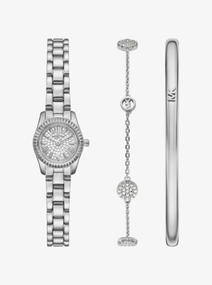 MK Kleine Pavé-Armbanduhr Lexington Und Schmuck Im Silberton Im Geschenkset - Silberton