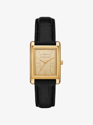 Michael Kors Essex Gold-tone And Crocodile Embossed Leather Watch In Black