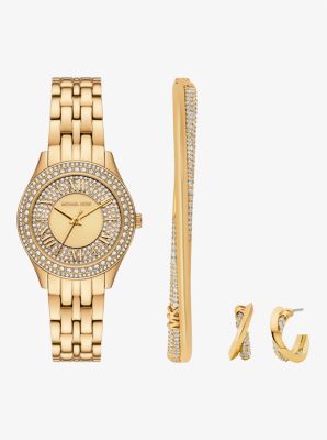 Michael Kors Mini Harlowe Pavé Gold-tone Watch And Jewelry Set