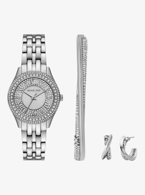 Michael Kors Mini Harlowe Pavé Gold-tone Watch And Jewelry Set In Silver