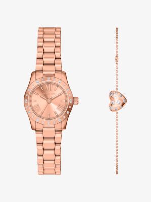 MK Kleine Pavé-Armbanduhr Lexington Und Armband Mit Herzdetail Im Rosé-Goldton Im Geschenkset - Rosé-Goldton
