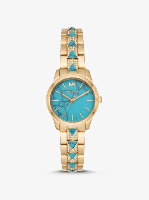 Petite Runway Mercer Pavé Gold-Tone and Turquoise Watch | Michael Kors