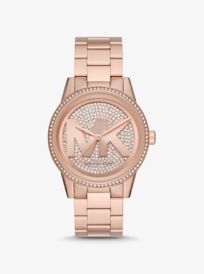 Oversized Ritz Pav Logo Rose Gold Tone Watch Michael Kors