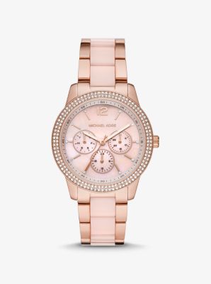 Oversized Tibby Pavé Rose Gold-Tone Blush Acetate Watch | Michael Kors