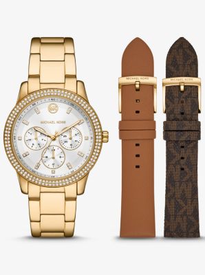 Oversized Tibby Pavé Gold-Tone Watch and Strap Set