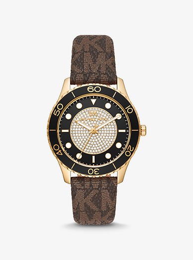 Oversized Runway Dive Pavé Gold-tone And Logo Watch | Michael Kors