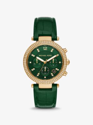 Sage Pavé Gold-Tone and Crocodile Embossed Leather Watch