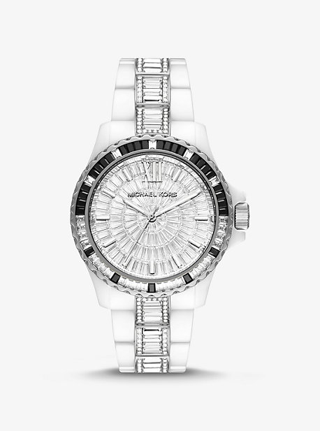 마이클 마이클 코어스 에버레스트 여성 손목 시계 (한정판) Michael Michael Kors Limited-Edition Oversized Everest Pave Silver-Tone and Ceramic Watch,WHITE