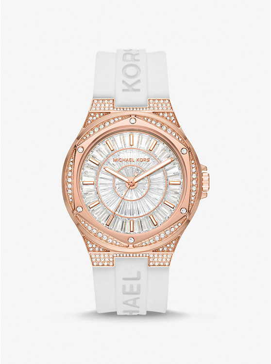Oversized Lennox Pavé Rose Gold-Tone and Silicone Watch image number 0