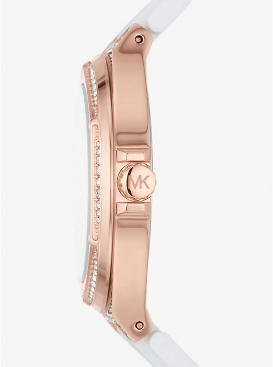 Montre Lennox surdimensionnée de ton or rose à pavé et à bracelet en silicone image number 1