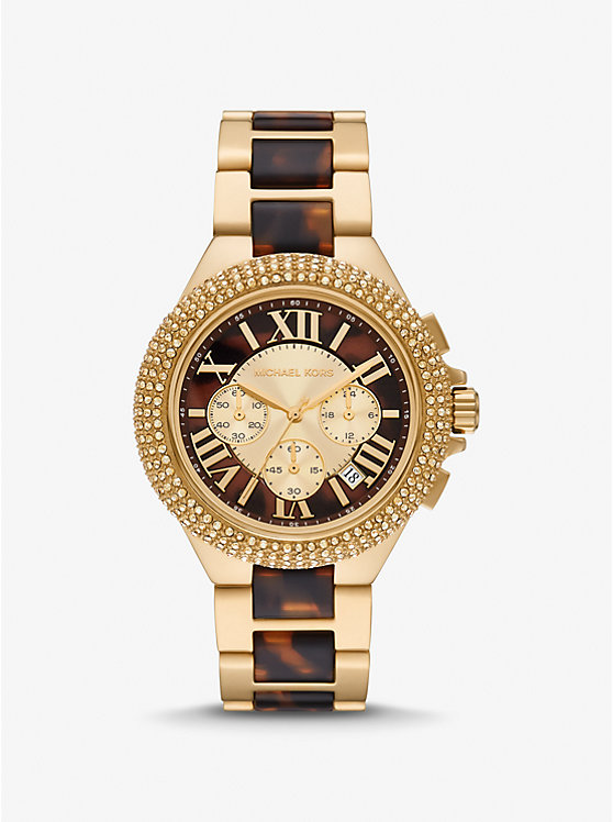 Oversized Camille Pavé Gold-Tone and Tortoiseshell Acetate Watch image number 0