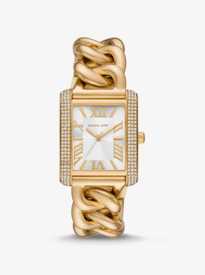 Relógio com elos achatados dourados incrustados Emery de tamanho grande image number 0