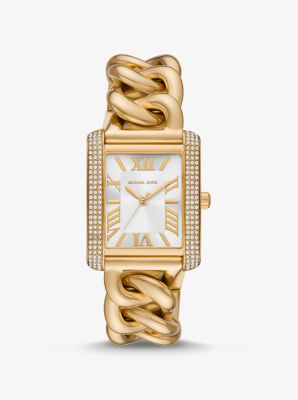 Oversized Emery Pav Gold Tone Curb Link Watch