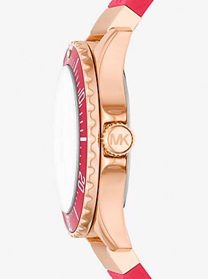 Montre Everest mince surdimensionnée de ton or rose à pavé et à bracelet en silicone gaufré