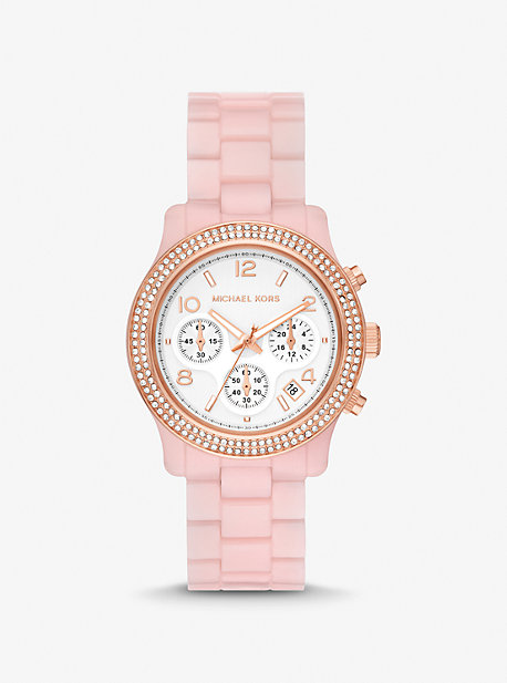 Michael Kors Runway Pavé Rose Gold-tone And Blush Acetate Watch In Pink
