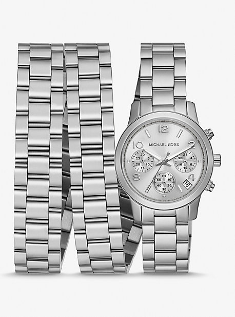 Michael Kors Runway Rhodium-plated Stainless Steel Triple Wrap Watch In Silver
