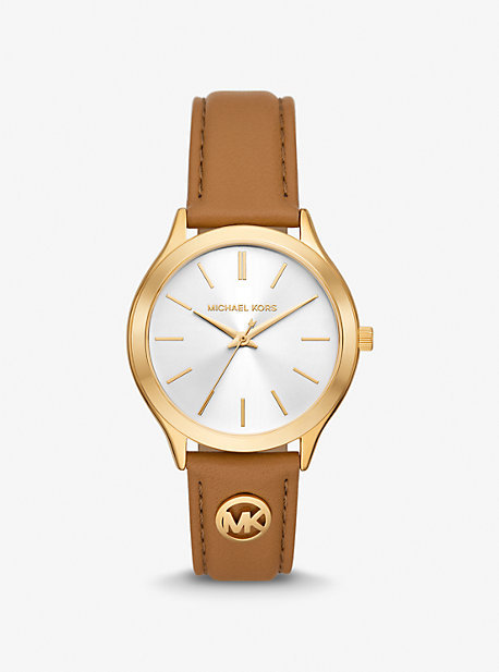 MK Slim Runway Gold-Tone and Leather Watch - Luggage Brown - Michael Kors