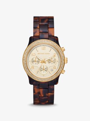 Shop Michael Kors Runway Pavé Gold-tone And Tortoiseshell Acetate Watch In Brown