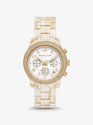 Shop Michael Kors Runway Pavé Gold-tone And Acetate Watch In White