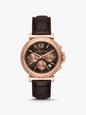 Oversized Maren Rose Gold-Tone and Crocodile Embossed Leather Watch image number 0