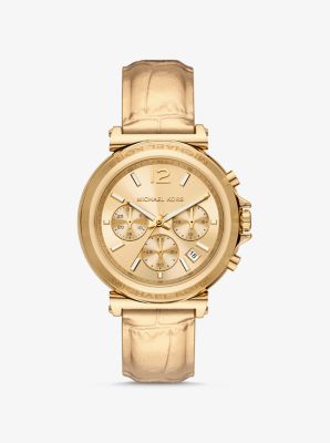 Oversized Maren Gold-Tone and Metallic Crocodile Embossed Leather Watch