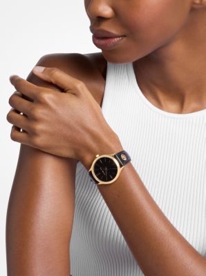Slim Runway Gold-Tone and Leather Watch in BLACK | Michael Kors