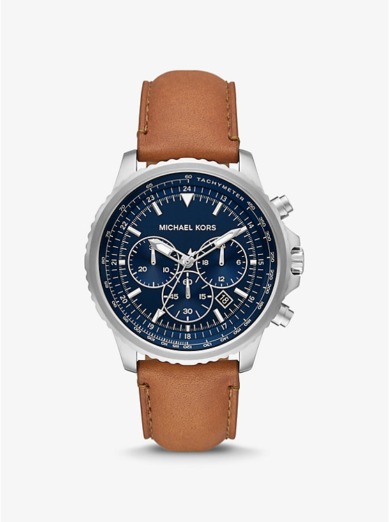 Oversized Cortlandt Leather and Silver-Tone Watch | Michael Kors Canada