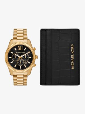 Set de regalo con reloj Lexington extragrande en tono dorado y tarjetero de piel con relieve de cocodrilo