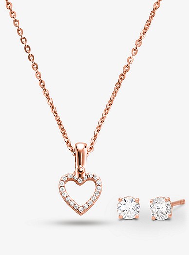 Precious Metal-plated Sterling Silver Pavé Heart Necklace And Stud Earrings  Set | Michael Kors