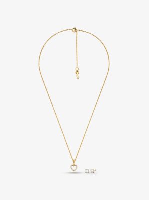 Set de collar con corazón y pendientes de tuerca de plata de ley con chapado en metales preciosos e incrustaciones in DORADO | Michael Kors