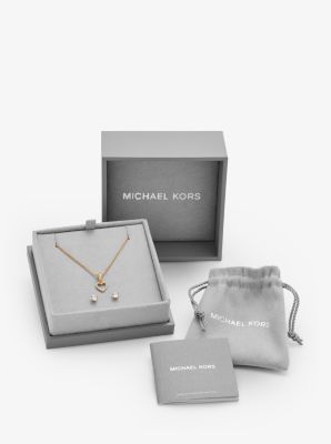 Precious Metal Plated Sterling Silver Pave Heart Necklace and Stud Earrings Set Michael Kors