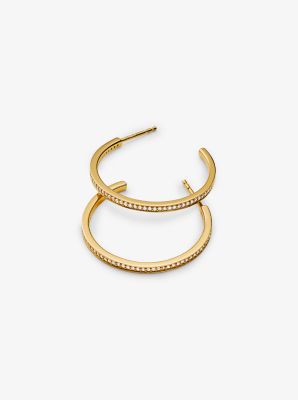 Precious Metal-Plated Sterling Silver Pav&eacute; Hoop Earrings